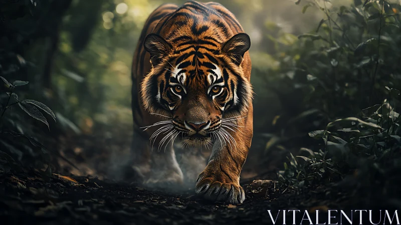 Tiger walking along forest path in low diffuse daylight.