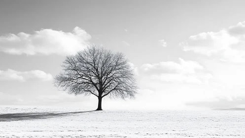 Solitary winter tree anchors stark monochrome landscape.