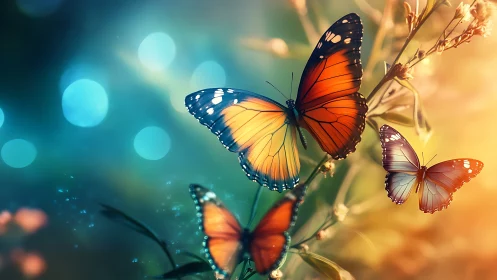 Macro digital study of orange blue butterflies on bokeh branch