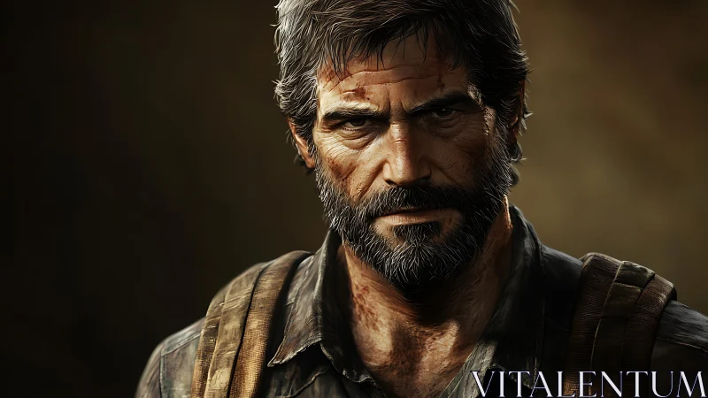 Weathered bearded man stares forward with intense focus