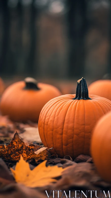 Autumn pumpkin rests among fallen leaves in soft woodland light.
