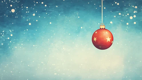 Red ornament hanging on blue gradient winter background.