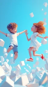 Children Playing Together in Mid-Air Against Bright Blue Sky.