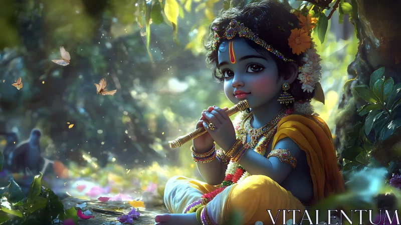 Divine child with flute in lush forest clearing at sunset.