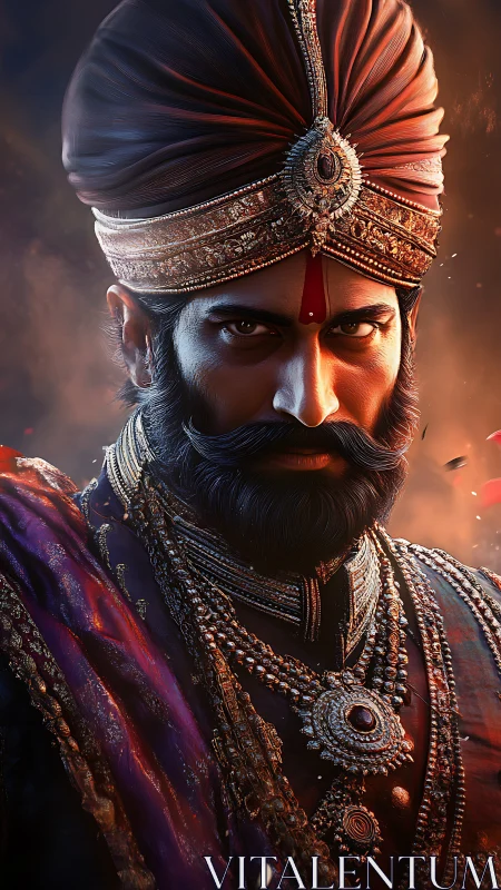 Regal Indian monarch in jeweled turban under cinematic light.