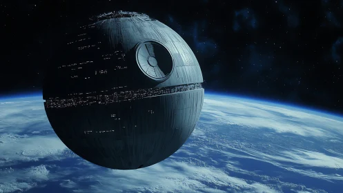 Orbital battle sphere drifts quietly above a blue planet