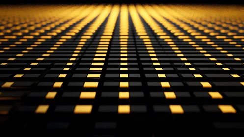 Abstract glowing grid pattern in black and gold with futuristic style.