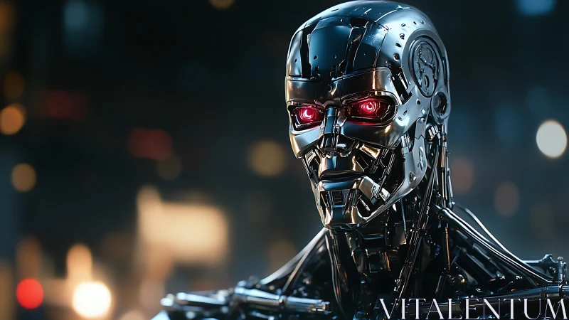 Cybernetic endoskeleton portrait with high-gloss specular surfaces.