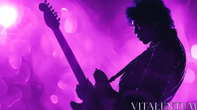 Silhouetted electric guitarist in vivid magenta stage haze.