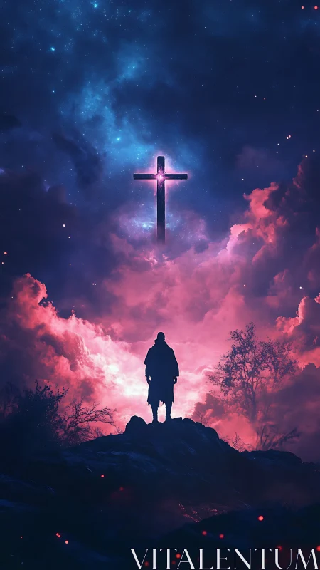 Silhouetted figure stands beneath illuminated cross in sky