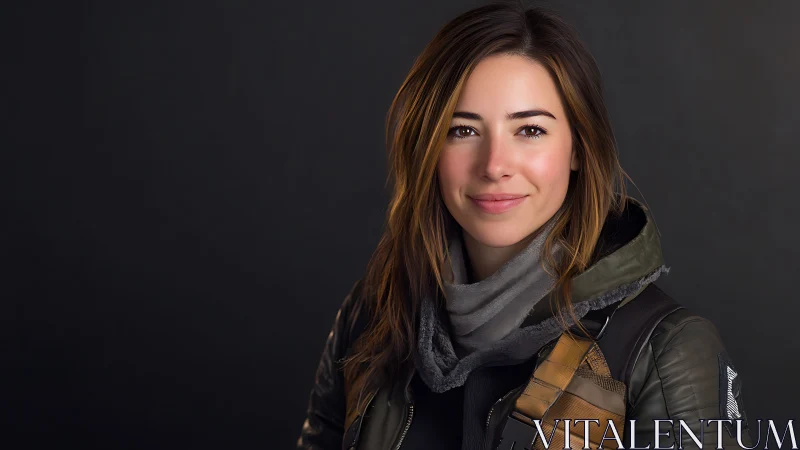 Confident traveler in tactical jacket on dark backdrop.