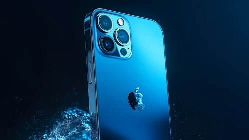 Blue iPhone Pro smartphone with triple camera system.
