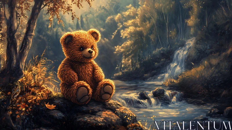 Teddy bear at golden forest stream under soft sunset glow.