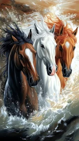 Tri-color stallions charging through dynamic ocean surf.