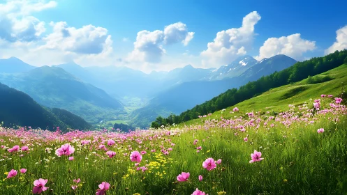 Sunlit wildflower meadow opening to peaceful mountain views.