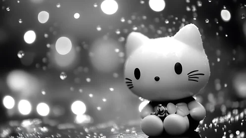 Monochrome kawaii cat figurine under rainy bokeh lights.