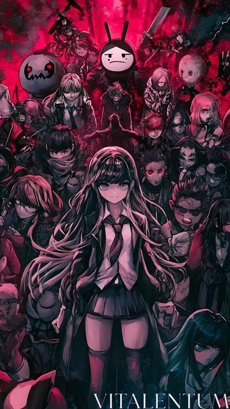 Dark anime squad under crimson sky with central heroine.