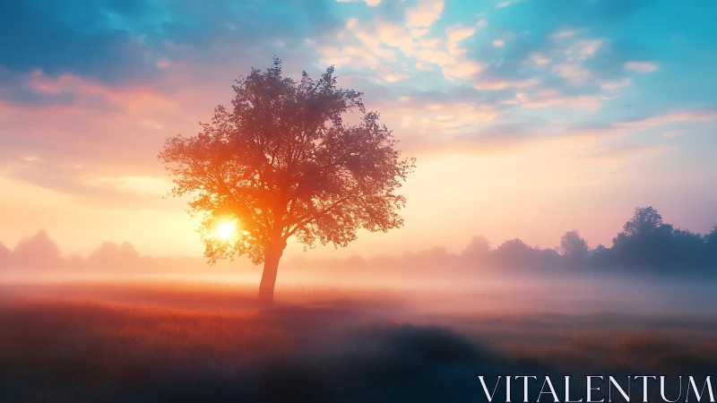 Soft sunrise glows gently behind a lone meadow tree