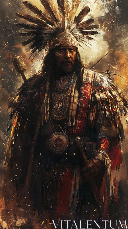 Ember-bright war chief stands wrapped in storm-scarred feathers