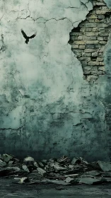Solitary black bird rises above crumbling teal wall.