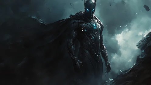 Storm-lit cyber knight walks out of the drowned nebula night