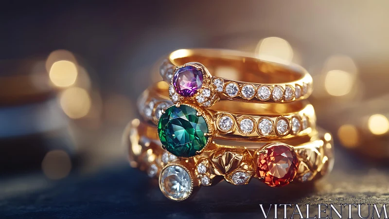 Gemstone halos whisper in stacked gold rings at dusk light