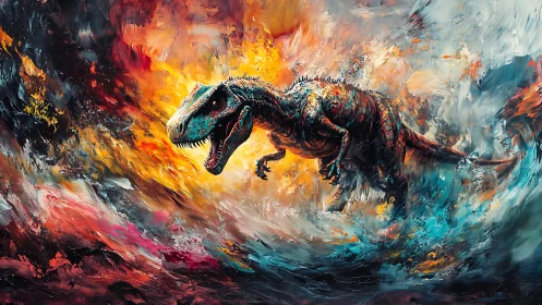 Ferocious tyrannosaur charges through swirling inferno storm