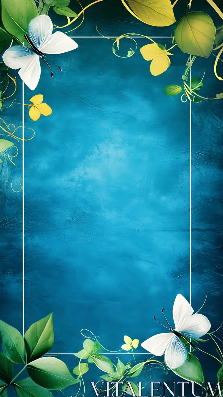 White butterflies drift over teal floral border background