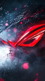 Red angular emblem on dark textured digital background.