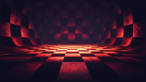 Luminous red checkerboard tunnel with curved perspective.