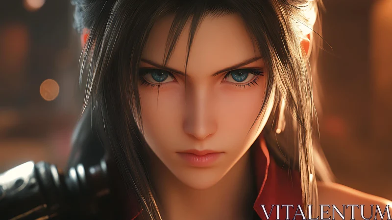 Cinematic close-up of blue-eyed warrior heroine in warm bokeh