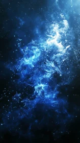 Cosmic blue nebula swirls glow against deep starry void.