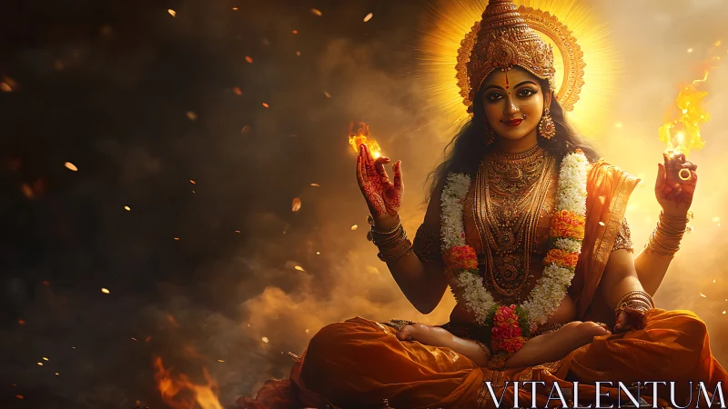 Radiant goddess of fire meditates in golden divine aura