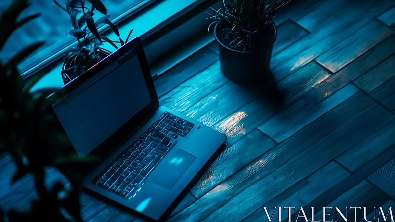 Cozy evening workspace with laptop and plants in blue light.