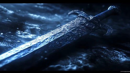 Enchanted frostblade rests upon a moonlit frozen ground