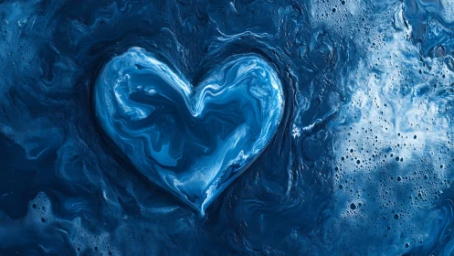 Luminous Heart Shape Emerging from Liquid Blue Depths.