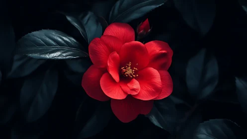 Red Camellia Bloom Against Deep Shadow Foliage Background
