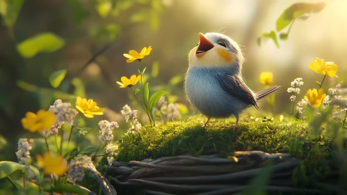 Whimsical baby bird singing on mossy nest in magical sunlight.
