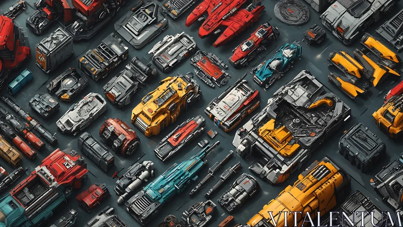 Starport motor pool of modular sci fi vehicles in parade.