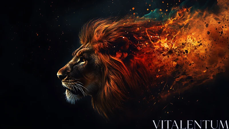 Flaming lion profile rendered with dynamic particle dispersion