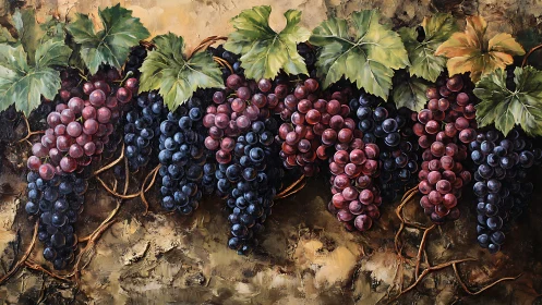 Rich grapevine still life with ripe purple and red clusters.