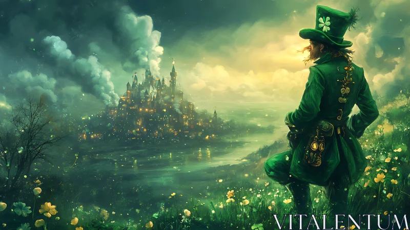 Cloaked leprechaun overlooking luminous emerald kingdom.