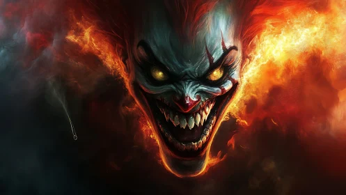 Infernal clown erupts from firestorm with predatory grin.