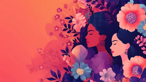 Two Women Surrounded by Vibrant Flowers in Modern Illustration.