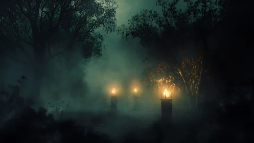 Soft lantern flames guiding a misty forest pathway.