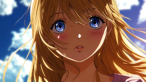 Close-up anime portrait of blonde girl under blue sky.