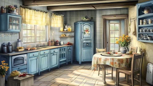 Cozy blue country kitchen glows with warm morning sunlight