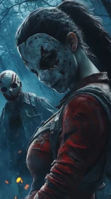 Masked figures stand in a foggy forest with cold lighting