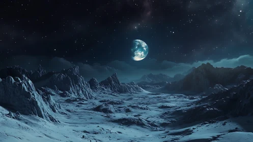Frozen alien valley hums softly beneath a distant blue world
