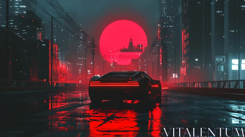 Futuristic car under neon red sun in cyberpunk city.